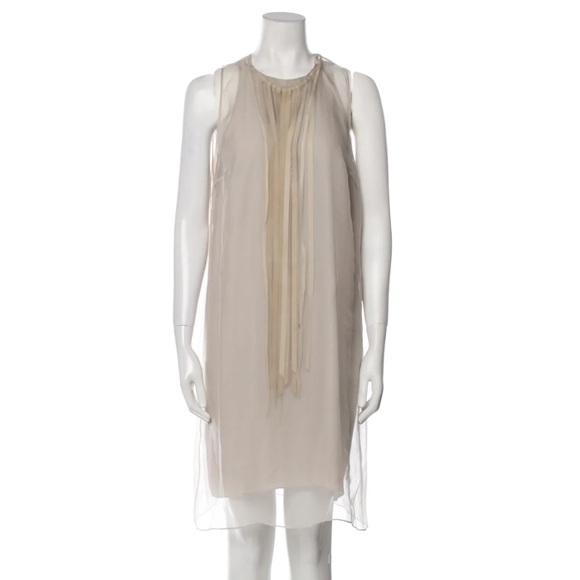 Brunello Cucinelli- Tan Silk Chiffon Sleeveless Leather metal collar Mini Dress - Picture 1 of 5